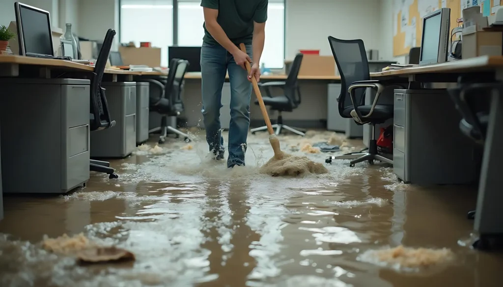 An office building with standing flood water