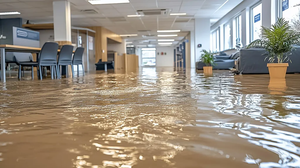 A car dealership with standing flood water