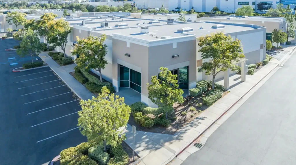 An aerial view of a warehouse building