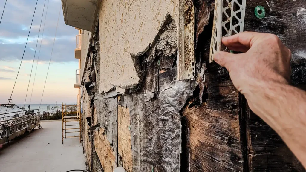 A building with water damage on the exterior structure