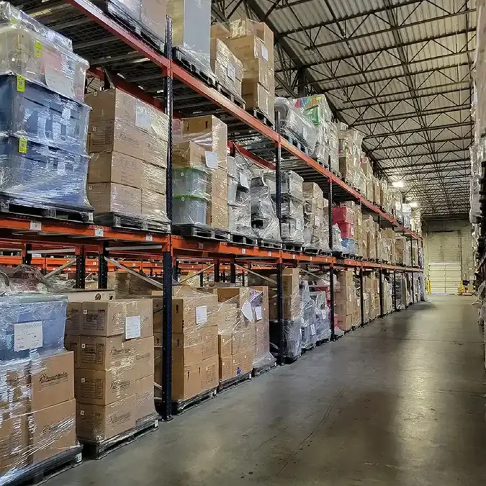 Contents Cleaning & Pack-Outs - Property Medics of Georgia A warehouse with boxes wrapped in plastic